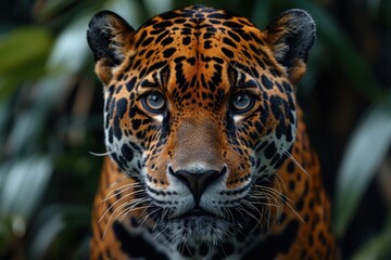 Obraz premium Close-up portrait of a jaguar with piercing blue eyes, looking directly at the camera.