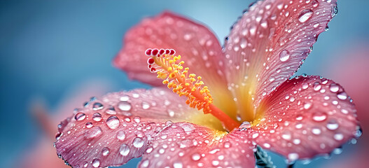 Fototapeta premium A vibrant pink flower with water droplets on its petals, showcasing beauty and freshness against a soft blue background.