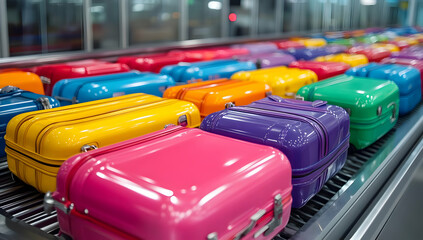 Fototapeta premium Brightly colored suitcases lined up on a conveyor belt at an airport, showcasing vibrant hues and stylish designs.