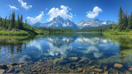 Fototapeta premium A stunning mountain lake with crystal clear water reflecting the surrounding snow-capped peaks and evergreen trees under a bright blue sky.