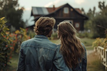 Young married couple views their potential new home in a serene rural setting during a warm afternoon