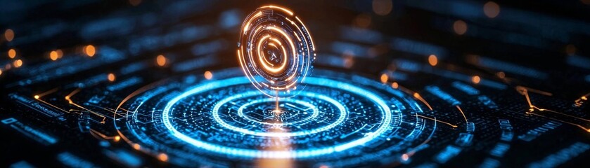 A digital abstract representation of a glowing orb above a circular pattern, symbolizing technology and innovation in a modern world.