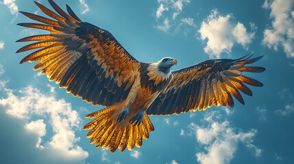 A majestic eagle soars through the sky with its wings spread wide, bathed in the golden light of the sun.