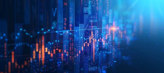Generic Stock Market Complex Chart With Candlestick Patterns And Trend Lines On A Blue Digital Display