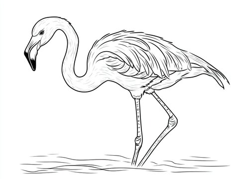 recommend clip art: Line drawing of a flamingo standing in water.