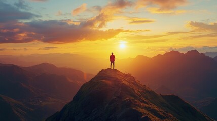 A person standing on top of a mountain at sunset, wide shot, copyspace area - ai