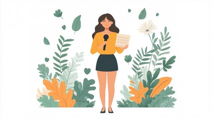 Illustration of a Woman Holding Microphone and Paper in a Botanical Setting