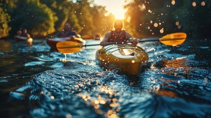 Kayaking group paddling on a river with sun shining through the trees.