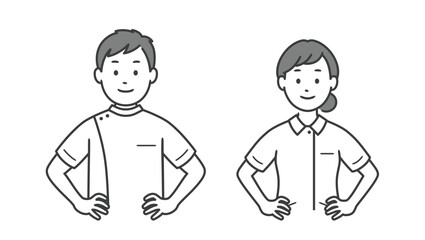 腰に手を当てて自信を見せる看護師男女の上半身イラスト
