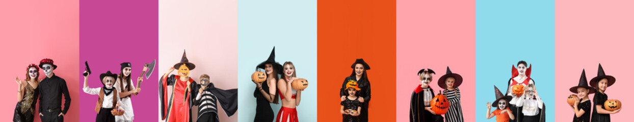 Set of people dressed in Halloween costumes on color background