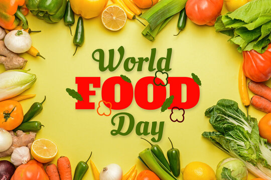 Frame made of fresh vegetables on color background