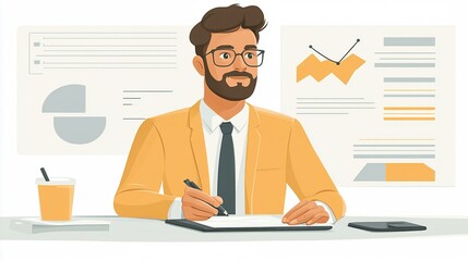 Professional Man Working at Desk with Charts and Coffee in Office Environment