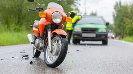 Fototapeta premium A motorcycle and a car are involved in a collision on a rural road as emergency responders attend to the situation