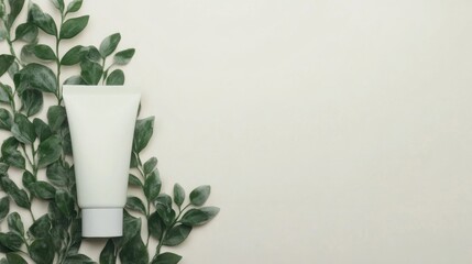 A tube of natural skincare is positioned with greenery, emphasizing a fresh and organic approach to skincare in a calming environment
