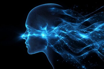 Neurofeedback neurochemical and signal processing abstract human head with glowing blue lines and dots representing neural connections and brain activity