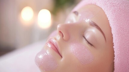 A client enjoys a rejuvenating beauty skin treatment, relaxing with a mask and gentle lighting in a serene spa setting