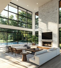Beautiful living room in new luxury home wall of windows, floor to ceiling fireplace surround, hardwood floors, and exterior view of pool and trees.