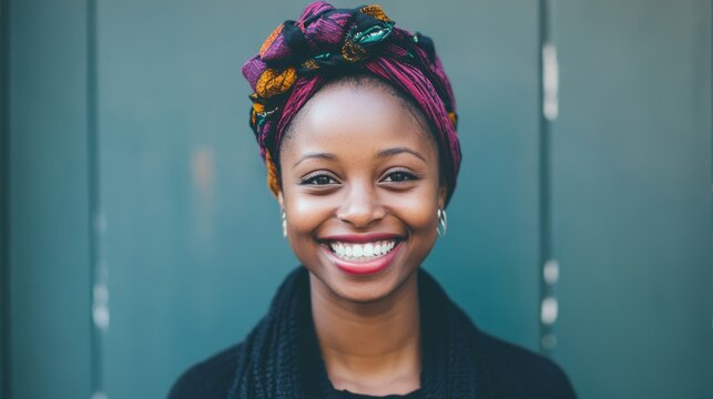 A cheerful customer service representative enhances the atmosphere with a warm smile, dressed in a colorful headwrap, ready to assist