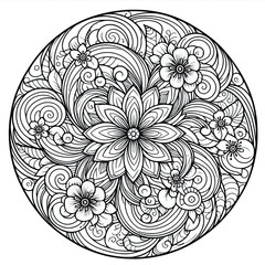 circular mandala design with overlapping spirals and blooming flowers Coloring page 