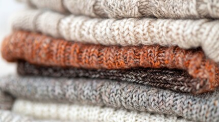 Soft, folded sweaters in various warm colors arranged neatly, showcasing texture and comfort for the colder seasons