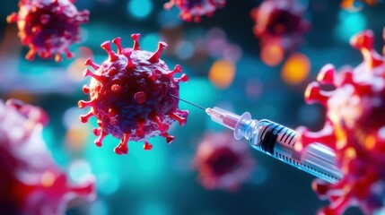 Syringes interact with virus particles, symbolizing vaccination efforts and the fight against infectious diseases in modern healthcare