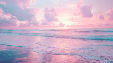 Fototapeta premium The horizon glows with pink and purple hues as gentle waves lap against the sandy shore during sunset