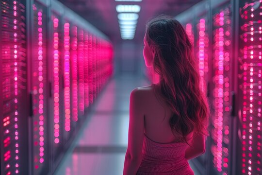 Telecommunications center with woman managing internet switch in server room for data processing