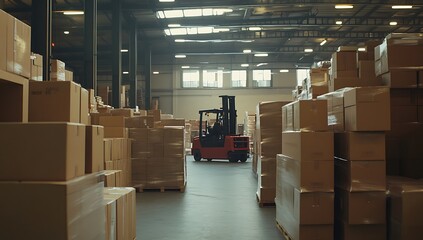 Big Retail Warehouse full of Shelves with Goods Stored on Manual Pallet Truck in Cardboard Boxes and Packages. Forklift Driving in Background. Logistics and Distribution Facility for Product Delivery
