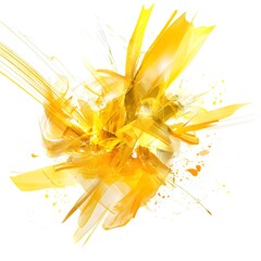 A dynamic yellow explosion of abstract shapes and lines, isolated on a white background, conveying energy and movement.