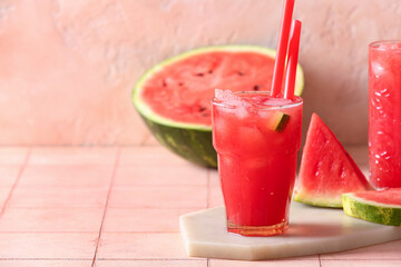 Glasses of tasty watermelon fresh on table