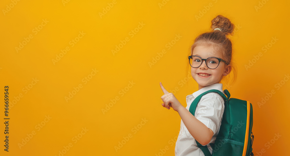 Poster Cute schoolgirl in a white shirt, black skirt, and green backpack, smiling at the camera while pointing to the side on a yellow background