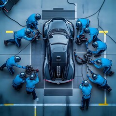Aerial view of a car receiving rapid servicing from a dedicated pit crew in matching blue gear, showcasing their coordination and efficiency in racing.