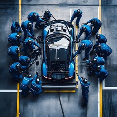 Aerial view of a car receiving rapid servicing from a dedicated pit crew in matching blue gear, showcasing their coordination and efficiency in racing.