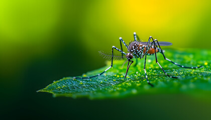 An Ultra Macro and sharp image of a female Aedes aegypti mosquito on green leave. 