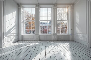 Fototapeta premium Spacious empty room featuring a large window and minimalist white walls in apartment design