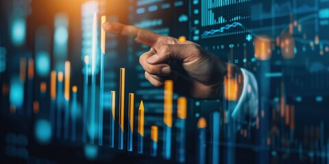 Businessman confidently pointing at a rising graph on a digital screen, symbolizing business recovery and growth, with financial charts in the background.technology,innovation,economic recovery.AI