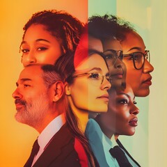 A multi-face collage of diverse business professionals in a dynamic composition, highlighting various expressions, ages, and ethnicities.