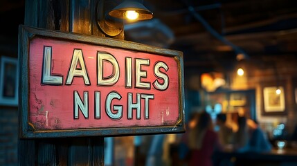 Sign that reads &ldquo;LADIES NIGHT&rdquo; - bar - lounge - club - pub - blurred background - women having fun - night out 