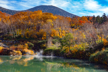 Beautiful autumn panoramic landscape in around Jigokunuma pond in Aomori, Japan