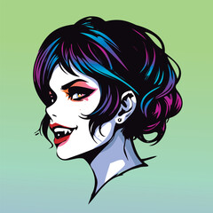 Fototapeta premium Vampire girl, beautiful woman, nocturnal animal, dracula, comic style, urban style. Halloween character, shirt design, colorful, dark woman, devil girl, gothic girl, dark girl, devil woman, gothic wom