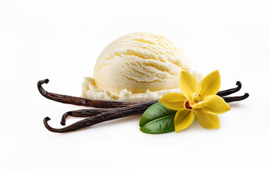 Vanilla and vanilla ice cream with vanilla flower isolated on white background high quality photo