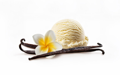 Vanilla and vanilla ice cream with vanilla flower isolated on white background high quality photo