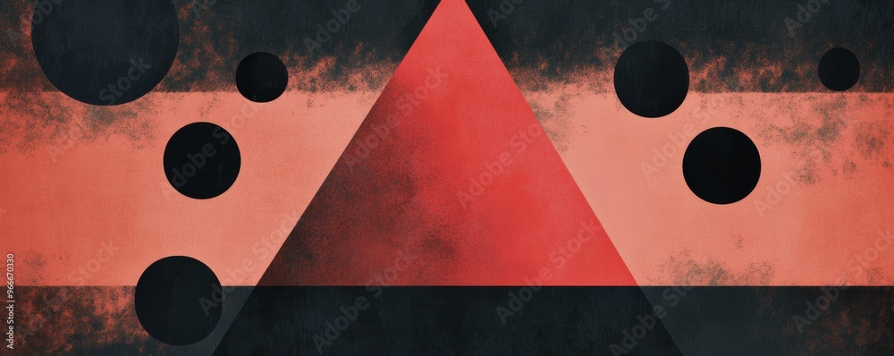 Poster abstract geometric shapes with a red triangle and black circles, modern art concept