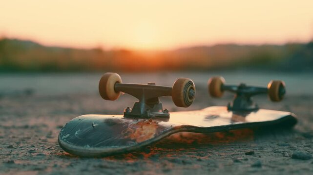 Abandoned Skateboard Closeup: Upside-Down on Rural Roadside | Sunset Slow Motion with Shallow Depth of Field | Summer Evening Skate Scene | Extreme Sport Still Life