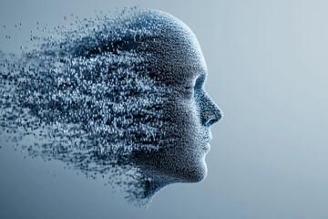 Proprioceptive signal visuotactile interaction and neural signal encoding disintegrating abstract head symbolizing the decay of thought and the erosion of mental clarity