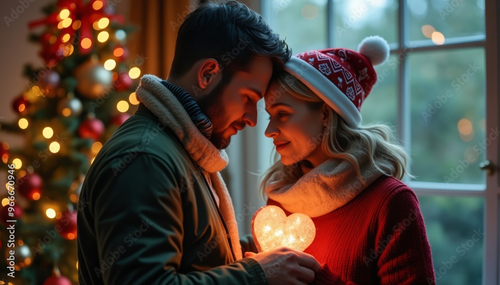 Wall mural a romantic christmas scene of a couple sharing a tender moment in front of a christmas tree, surroun