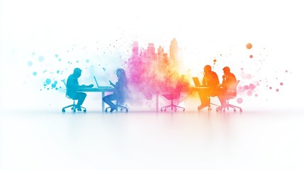 A watercolor illustration of a team brainstorming tactics under the guidance of a leader, with vibrant tones reflecting creativity and collaboration. Watercolor illustration