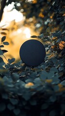 black circular speaker in lush foliage, evening light. nature and technology concept