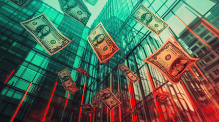 A stack of dollar bills flying in front of an office building, with a green and red color gradient,
