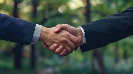 Two businessmen shaking hands outdoors with copy space banner Two men in suits shaking hands